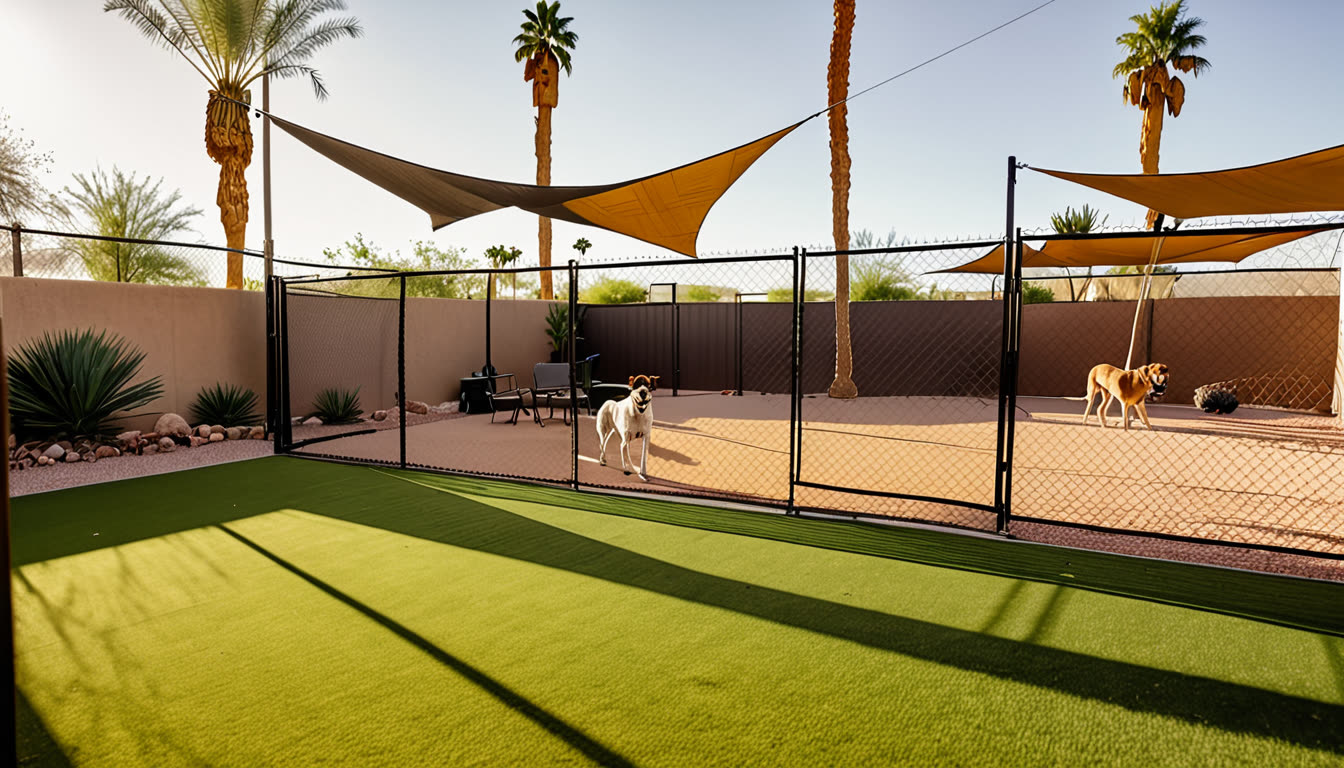 Dogs playing in a fenced dog park beside a bar patio in the late afternoon sun